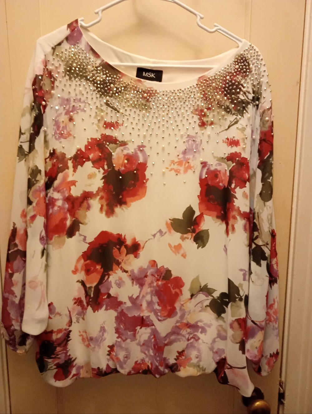 MSK White Floral Blouse with Beaded Neckline